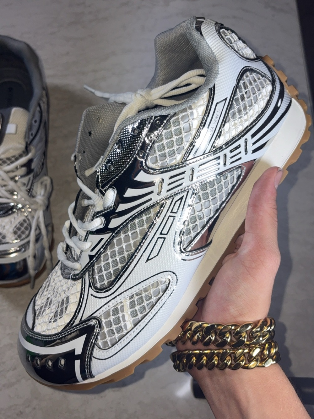 Bottega Veneta White, Black and Tan Men's Runner Sneaker